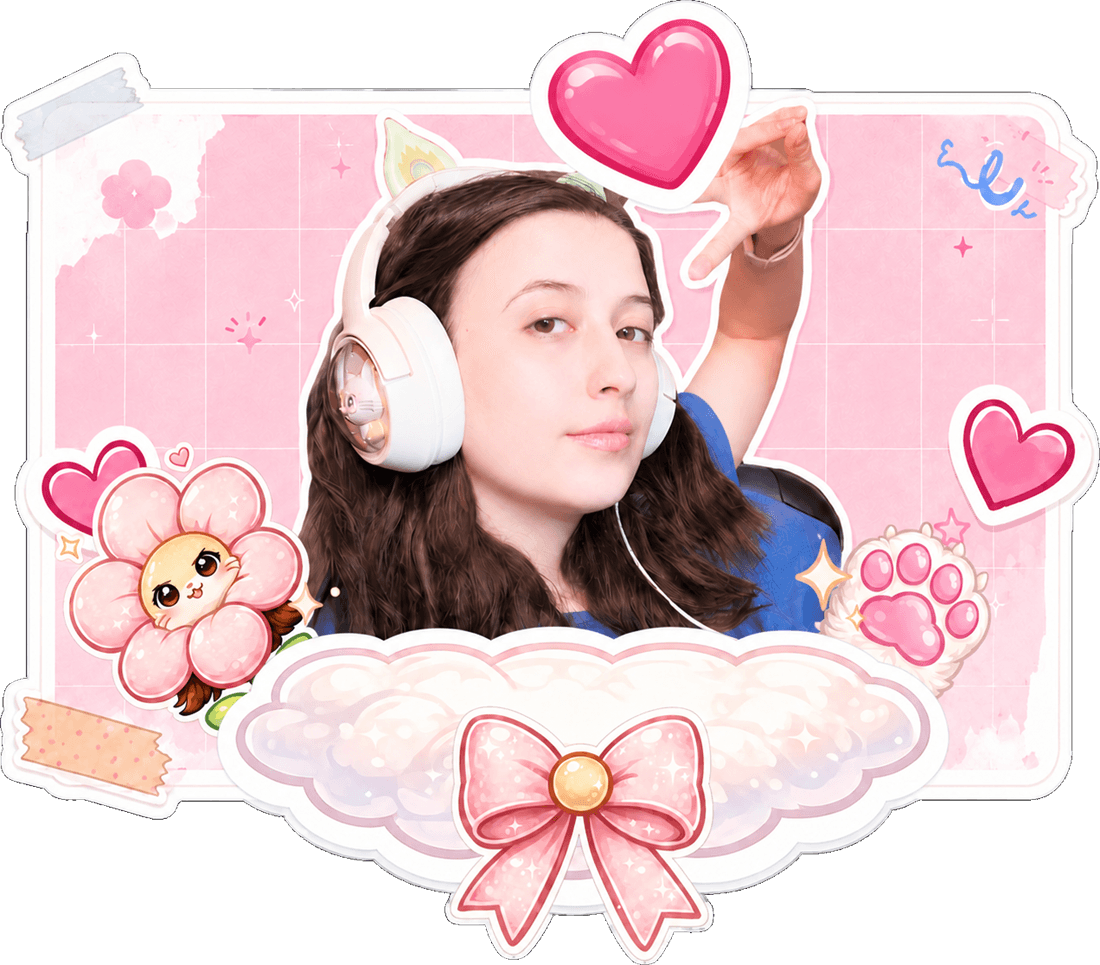 Faina wearing cat-ear headphones, surrounded by cute stickers